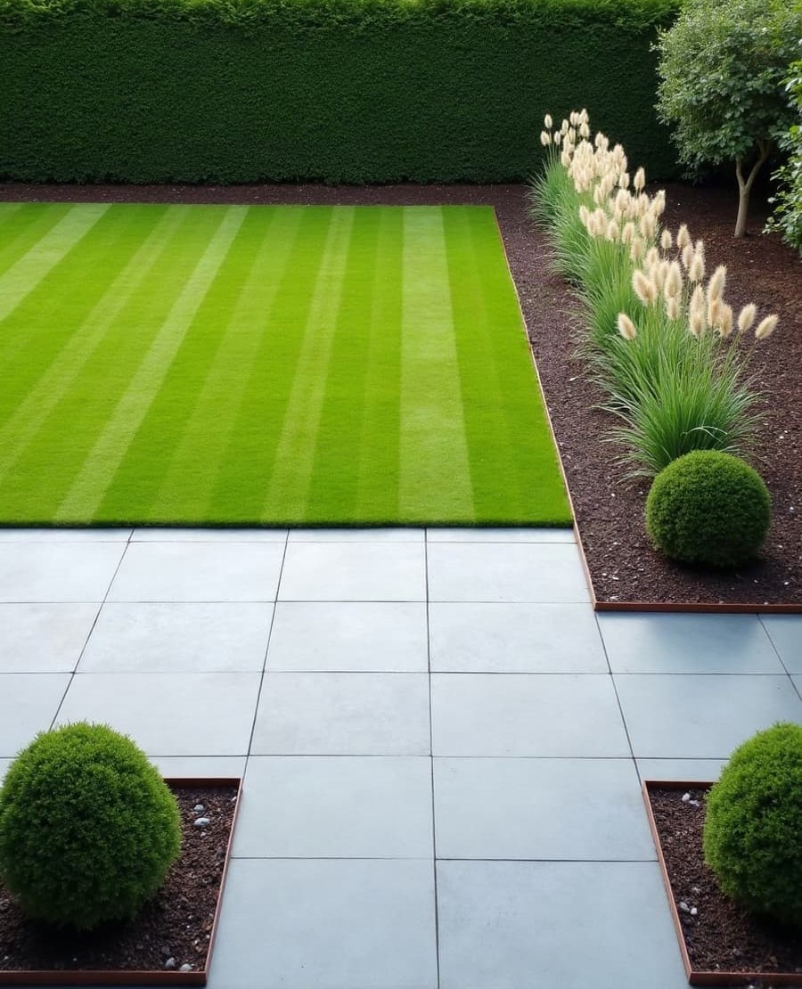 Jardin terminé vu de dessus : terrasse de dalles alignées, pelouse tondue en bandes, massif de graminées et boules taillées bordé d'acier corten, haie taillée au fond