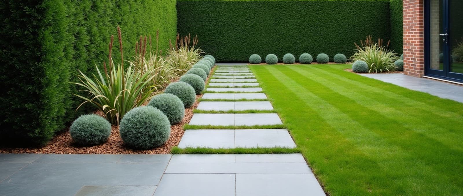 Allée de pierre bleue et massif de boules taillées dans un jardin dessiné