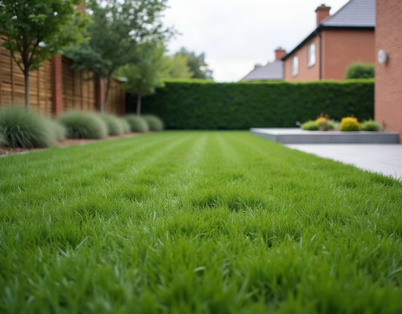 Pelouse dense tondue en bandes le long d'une terrasse